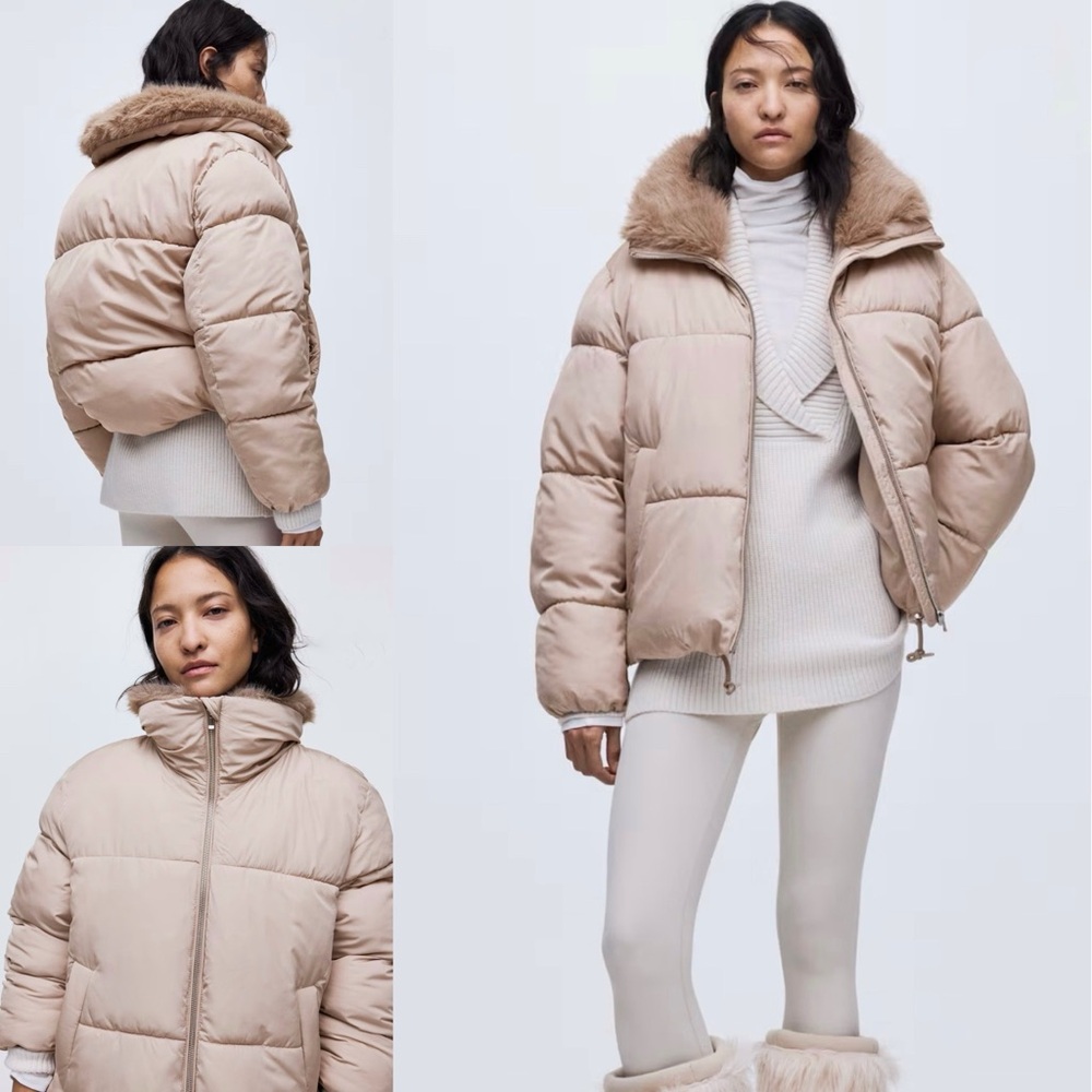 H&M Women's Oversized Puffer Jacket Coat Faux Fur Collar Size Large Light Taupe